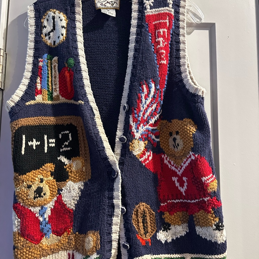 Navy Knitted Vest with Bear and School Motif